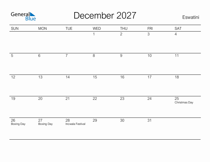 Printable December 2027 Calendar for Eswatini