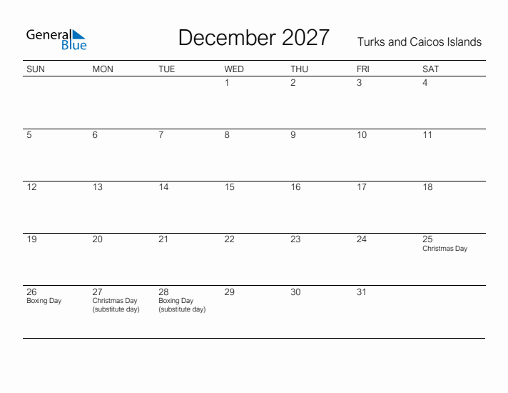 Printable December 2027 Calendar for Turks and Caicos Islands