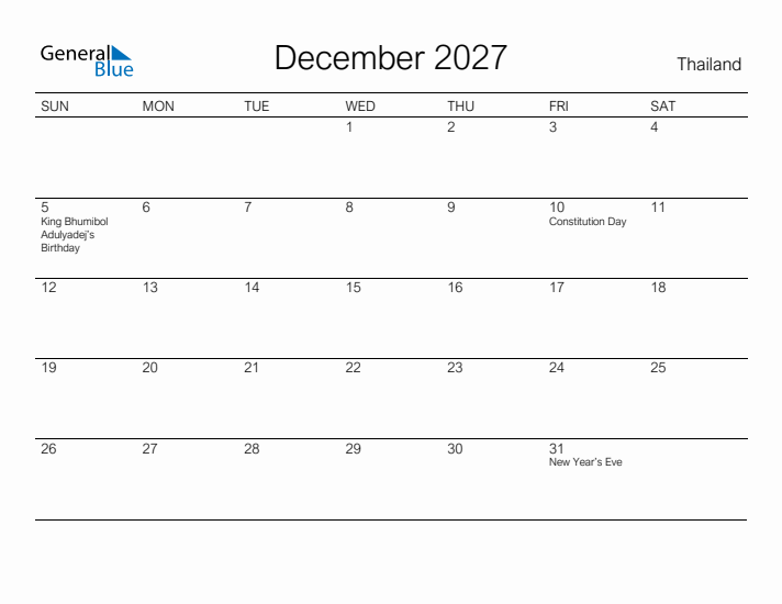 Printable December 2027 Calendar for Thailand