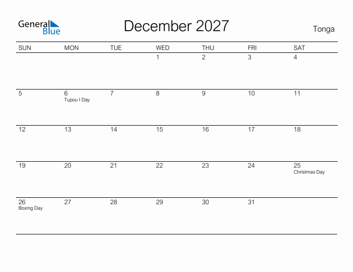 Printable December 2027 Calendar for Tonga