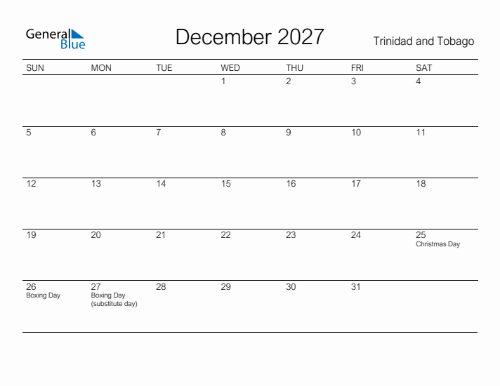 Printable December 2027 Calendar for Trinidad and Tobago
