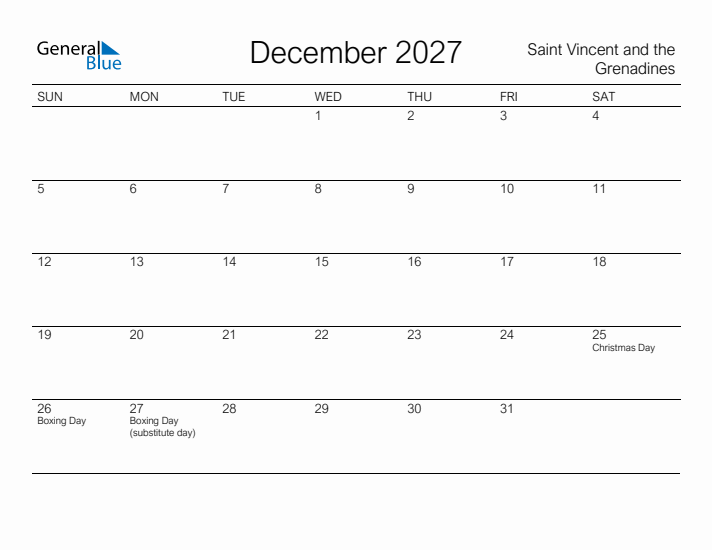 Printable December 2027 Calendar for Saint Vincent and the Grenadines
