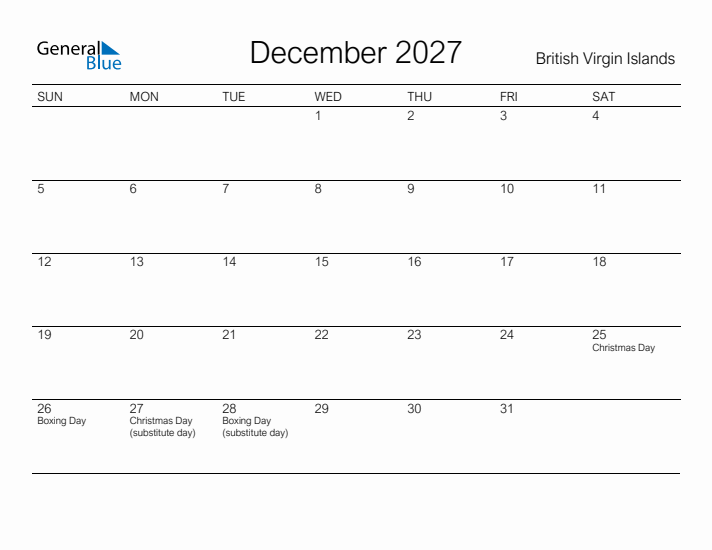 Printable December 2027 Calendar for British Virgin Islands