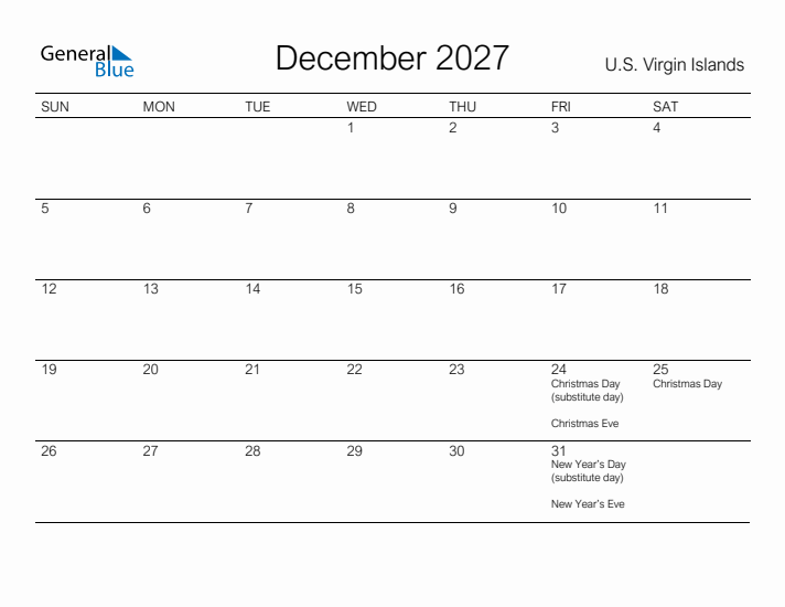Printable December 2027 Calendar for U.S. Virgin Islands