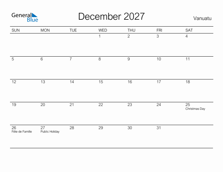 Printable December 2027 Calendar for Vanuatu