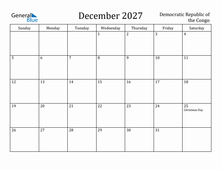 December 2027 Calendar Democratic Republic of the Congo