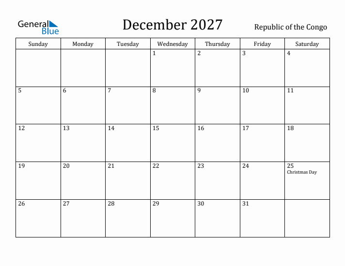 December 2027 Calendar Republic of the Congo
