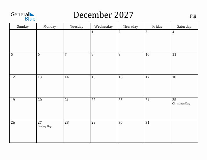 December 2027 Calendar Fiji