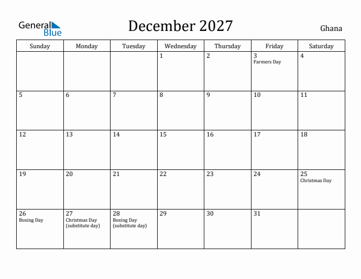 December 2027 Calendar Ghana