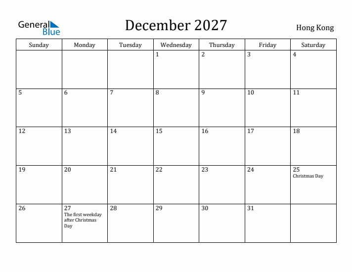 December 2027 Calendar Hong Kong