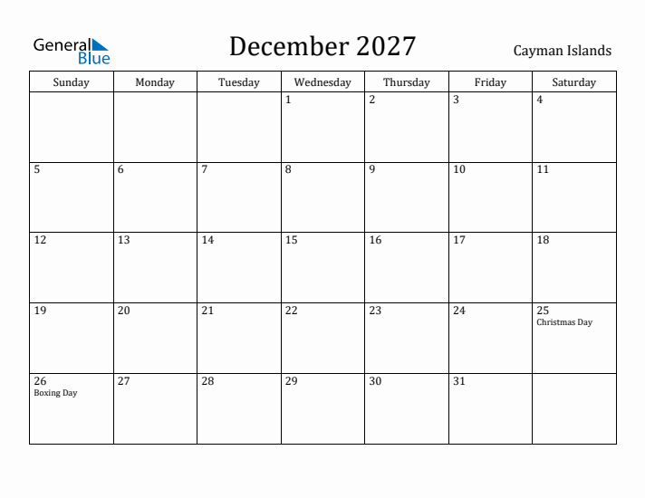 December 2027 Calendar Cayman Islands