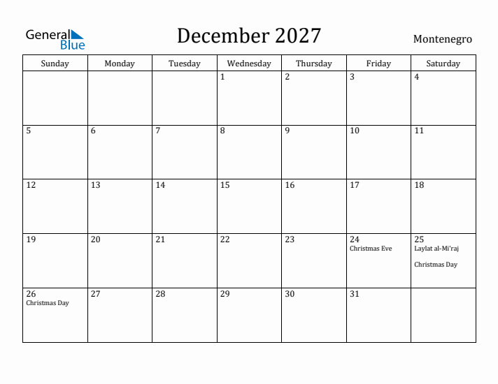 December 2027 Calendar Montenegro