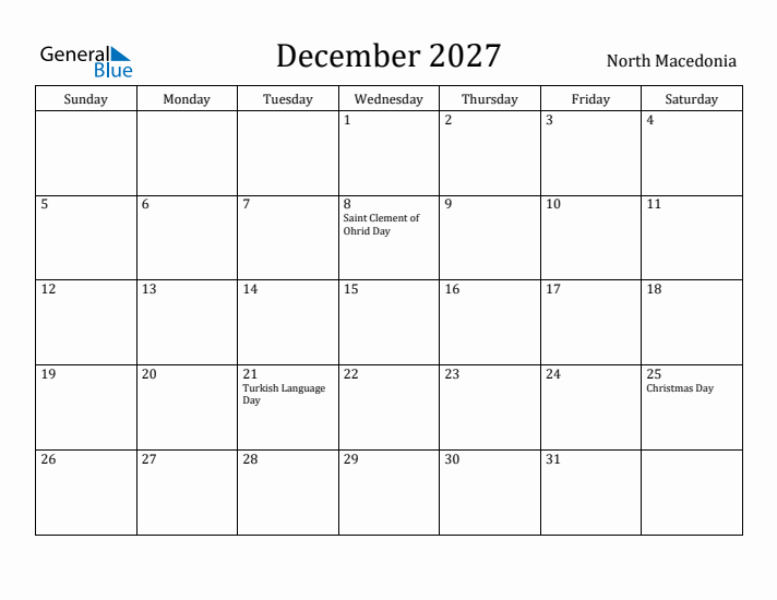 December 2027 Calendar North Macedonia