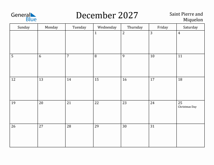 December 2027 Calendar Saint Pierre and Miquelon