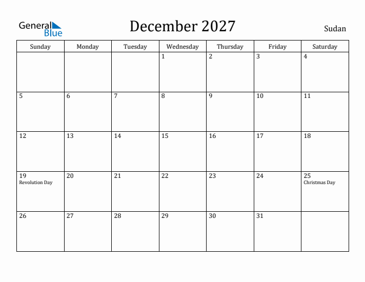 December 2027 Calendar Sudan