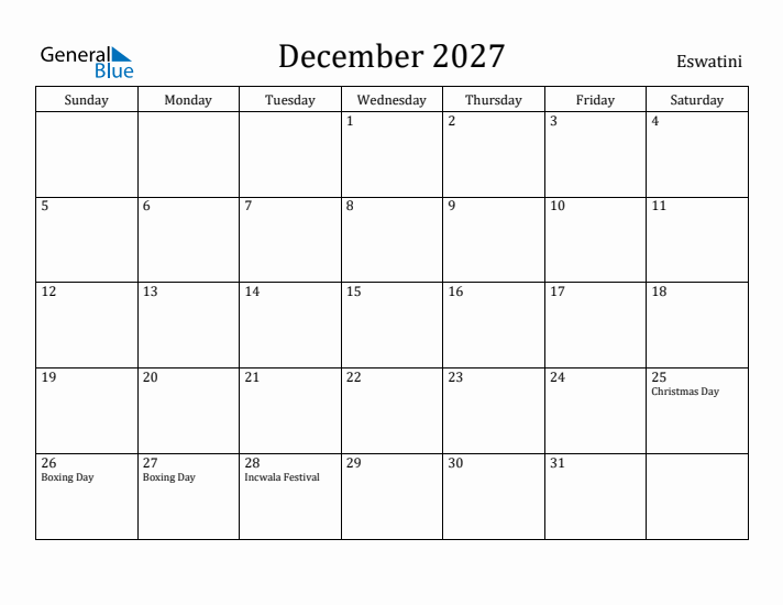 December 2027 Calendar Eswatini