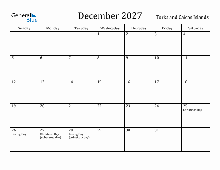December 2027 Calendar Turks and Caicos Islands