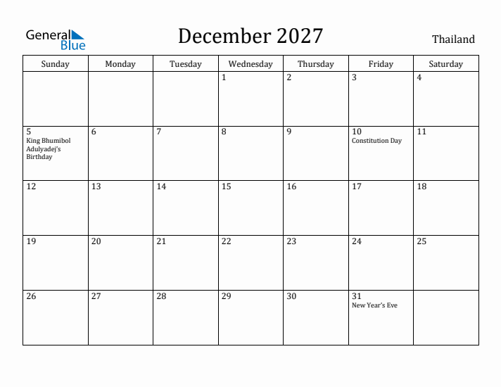 December 2027 Calendar Thailand