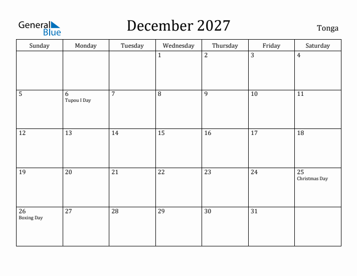 December 2027 Calendar Tonga