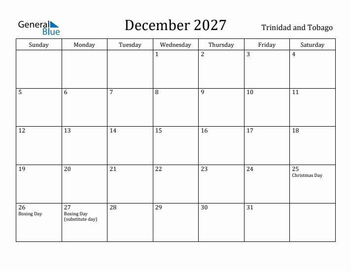 December 2027 Calendar Trinidad and Tobago
