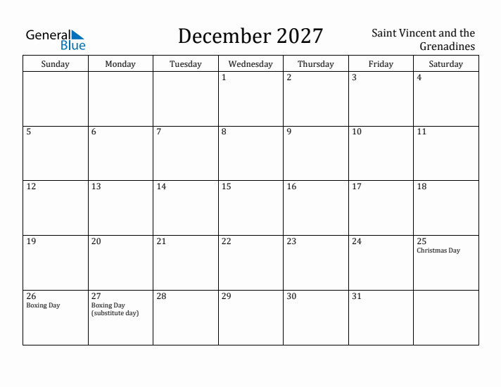 December 2027 Calendar Saint Vincent and the Grenadines