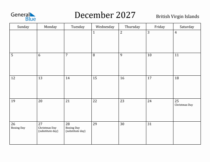 December 2027 Calendar British Virgin Islands