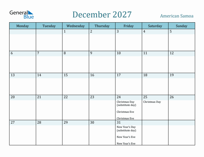 December 2027 Calendar with Holidays