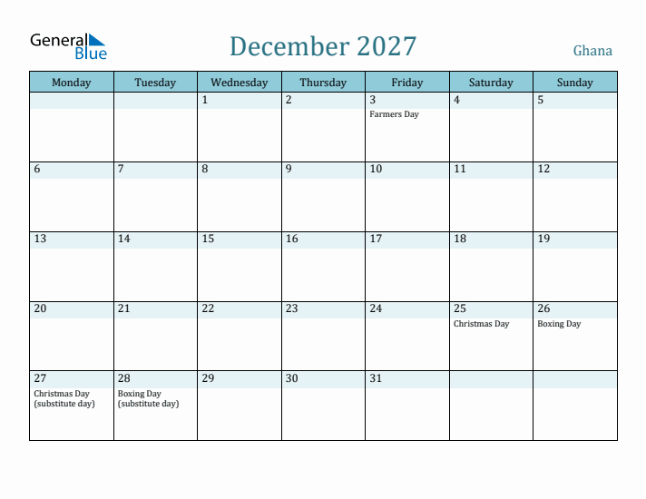 December 2027 Calendar with Holidays