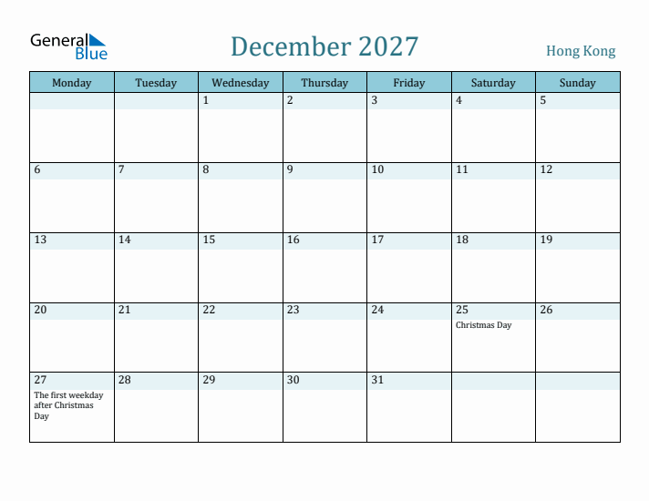 December 2027 Calendar with Holidays