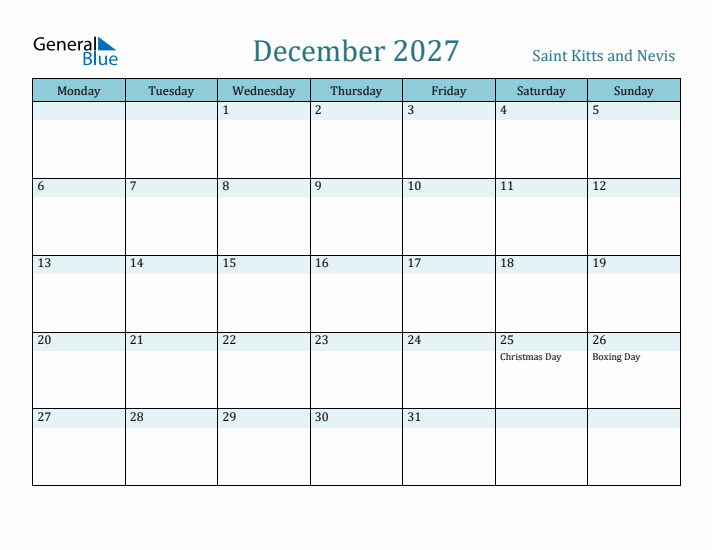 December 2027 Calendar with Holidays