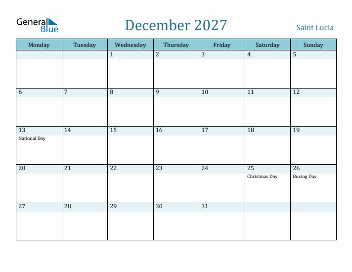 December 2027 Calendar with Holidays