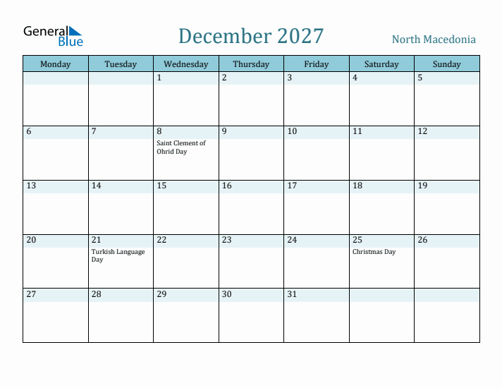 December 2027 Calendar with Holidays