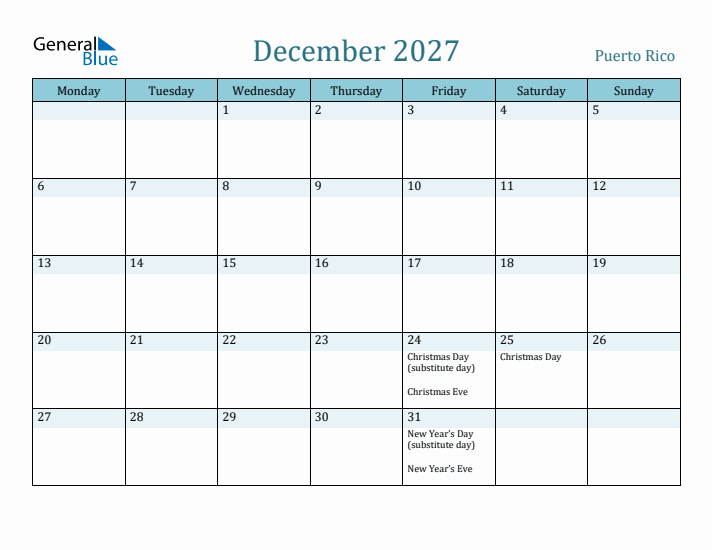 December 2027 Calendar with Holidays
