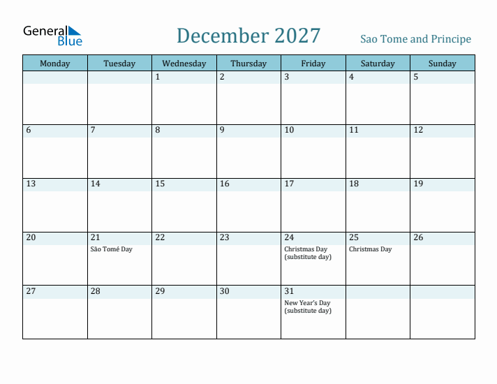 December 2027 Calendar with Holidays