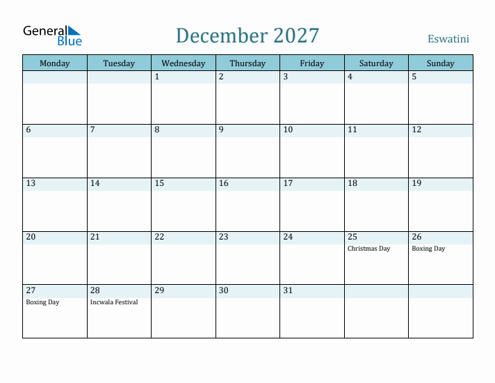 December 2027 Calendar with Holidays