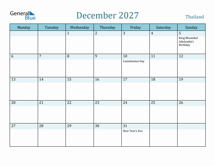 December 2027 Calendar with Holidays