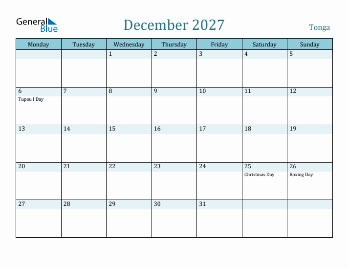 December 2027 Calendar with Holidays
