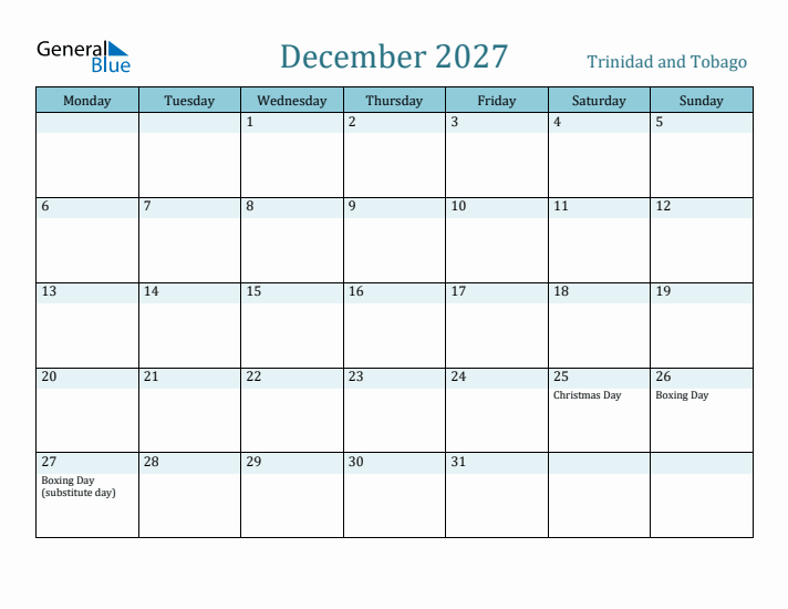 December 2027 Calendar with Holidays