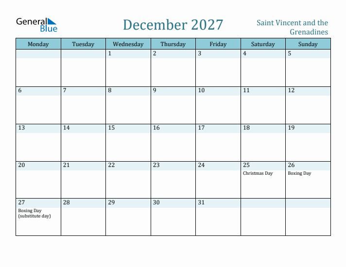 December 2027 Calendar with Holidays