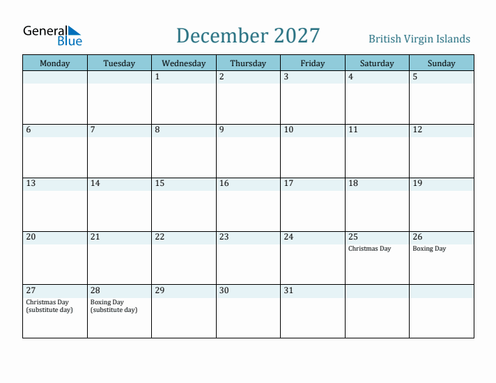 December 2027 Calendar with Holidays