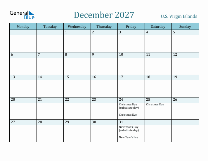 December 2027 Calendar with Holidays