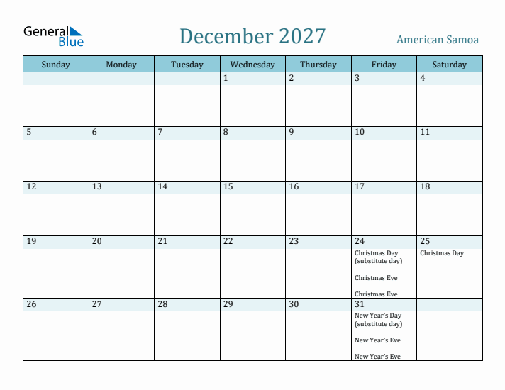December 2027 Calendar with Holidays