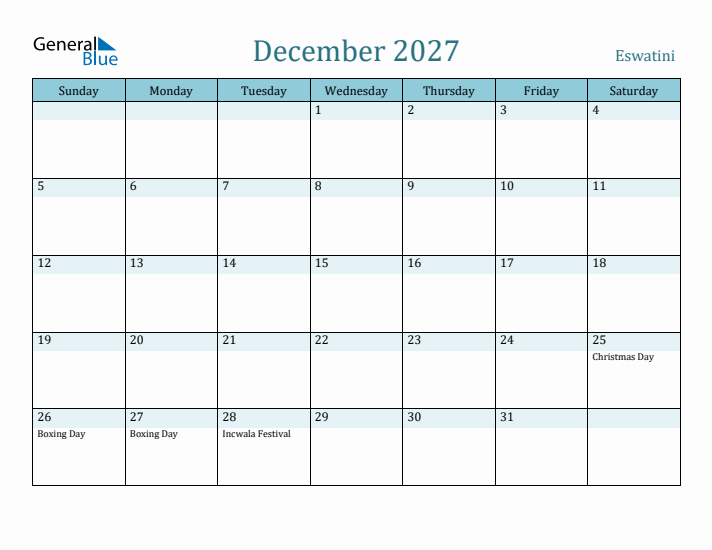 December 2027 Calendar with Holidays