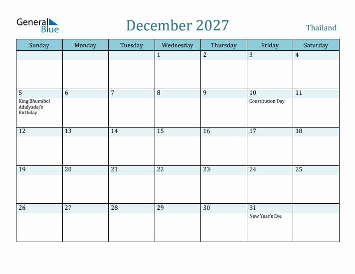 December 2027 Calendar with Holidays