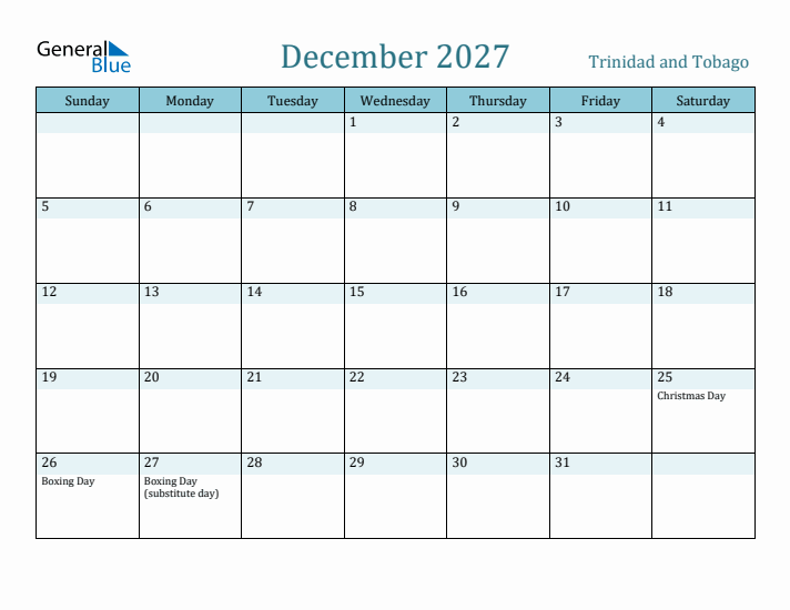 December 2027 Calendar with Holidays