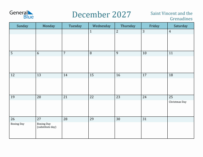 December 2027 Calendar with Holidays