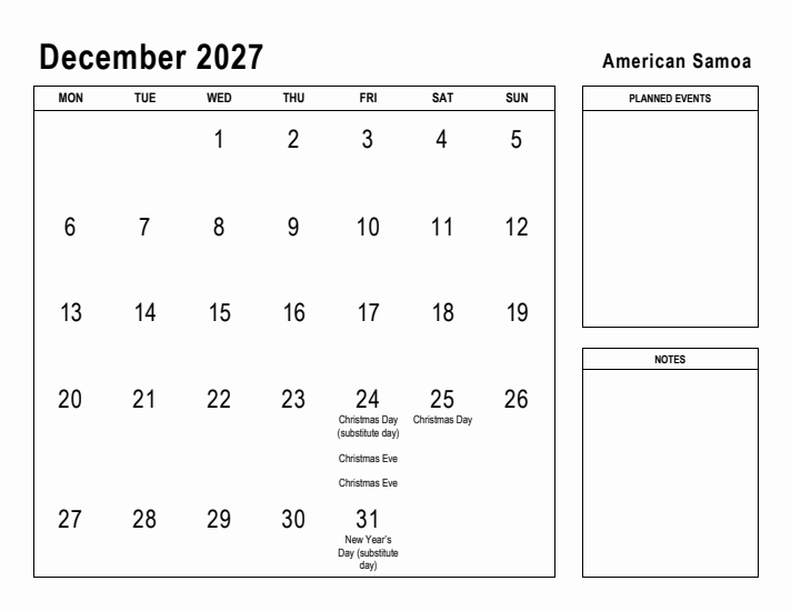 December 2027 Printable Monthly Calendar with American Samoa Holidays