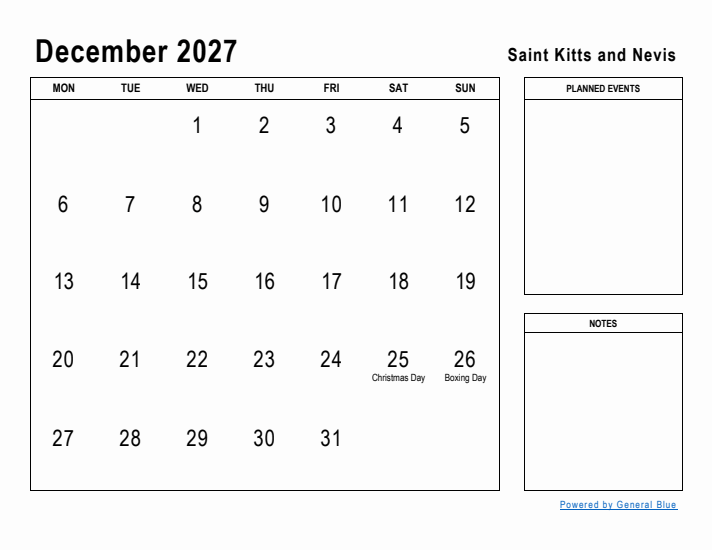 December 2027 Printable Monthly Calendar with Saint Kitts and Nevis Holidays