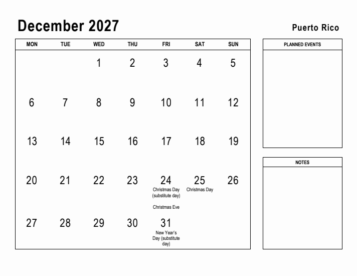 December 2027 Printable Monthly Calendar with Puerto Rico Holidays