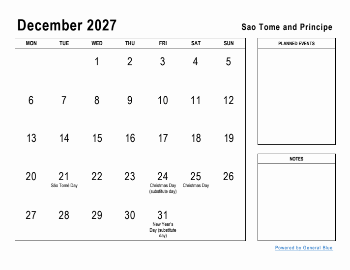 December 2027 Printable Monthly Calendar with Sao Tome and Principe Holidays